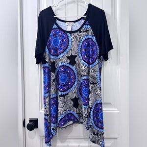 Black Top with Blue and Purple Medallion Print